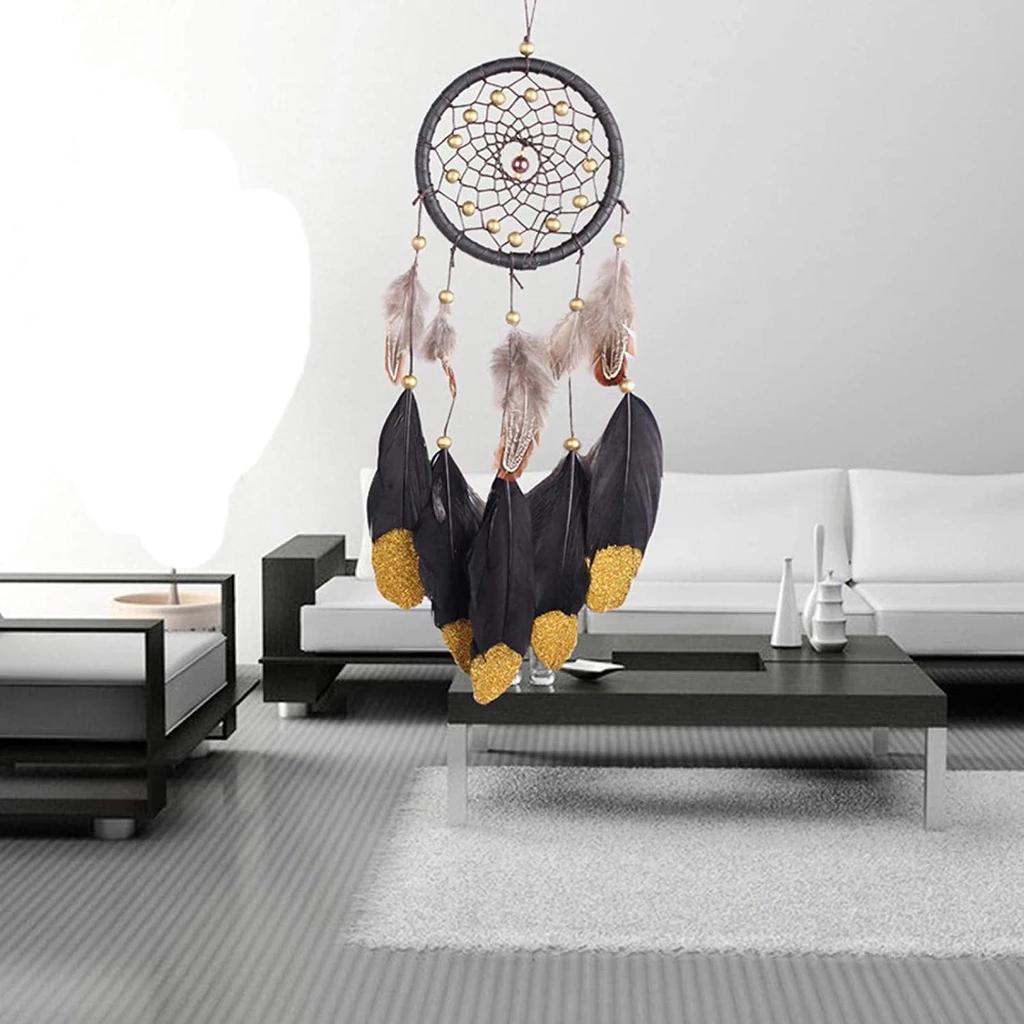 [Tặng kèm đinh] Dreamcatcher treo tường màu đen đính lông vũ kim tuyến lấp lánh Pinky Shop mã DRDKT1