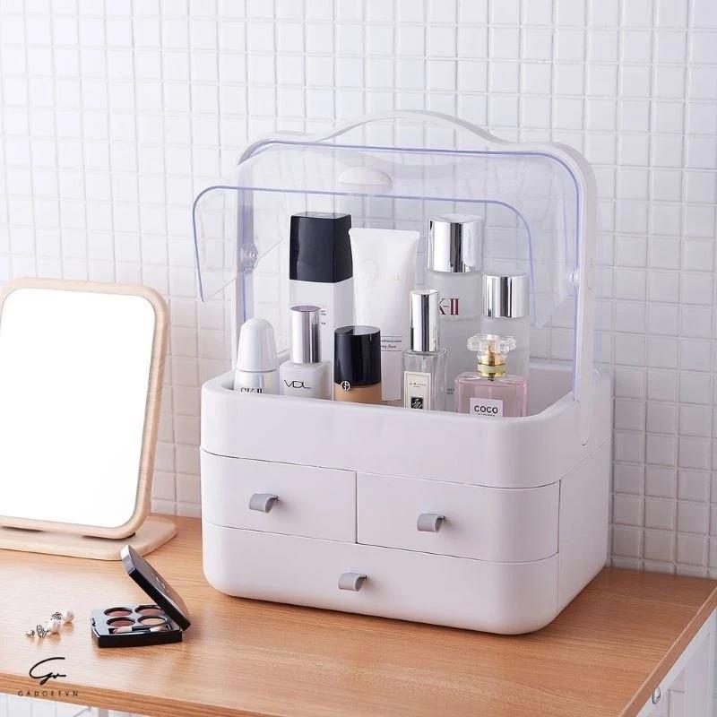 [TẶNG khay đựng son 24 ô] - Kệ đựng mỹ phẩm, hộp đựng đồ trang điểm có quai xách có nắp chống bụi sang chảnh giá rẻ mới
