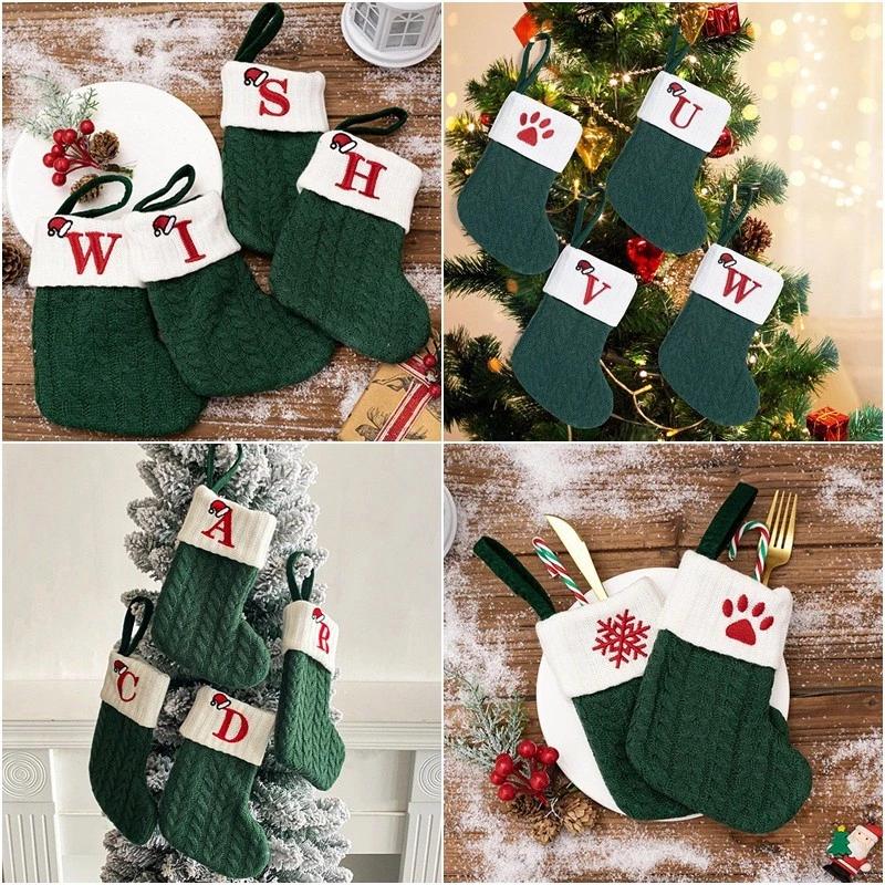 Tất dệt kim màu xanh lá cây Len trang trí Stocking Thời trang Giáng sinh Hình tất Túi quà tặng