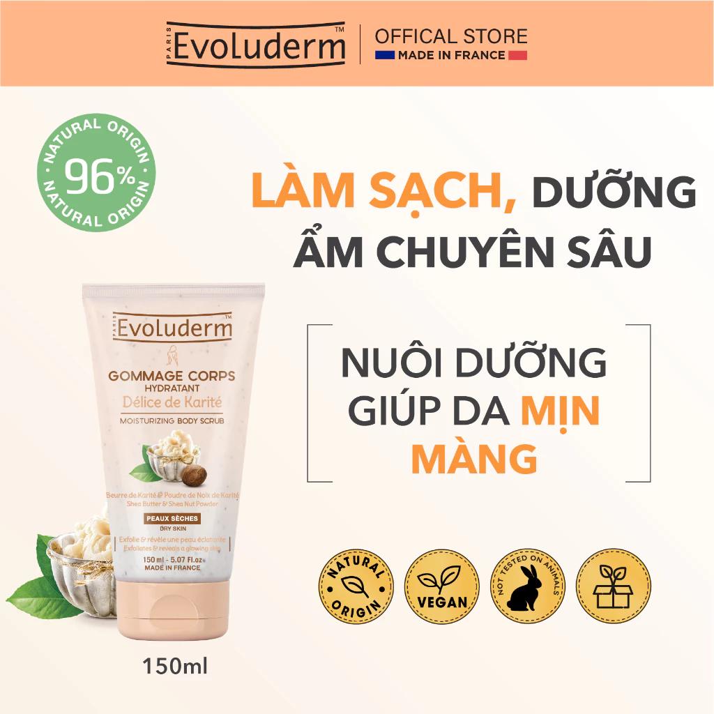 Tẩy tế bào chết toàn thân giúp da mịn màng căng mướt chiết xuất chất bơ hạt mỡ Karite Evoluderm 150ml