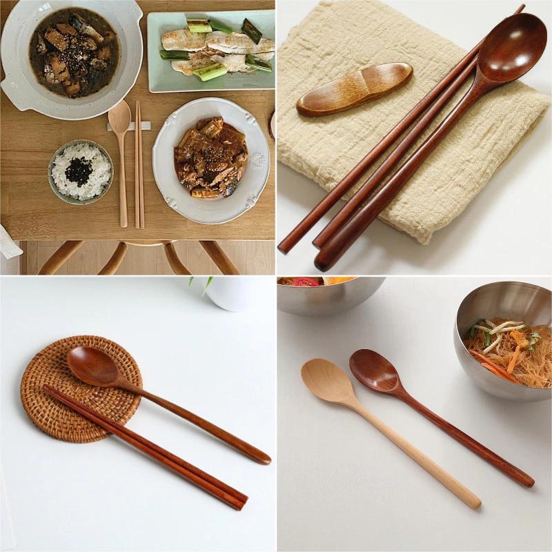 Thìa Gỗ Đơn Giản Bộ Đồ Ăn Hopusehold Thìa Di Động Ăn Đũa Bộ