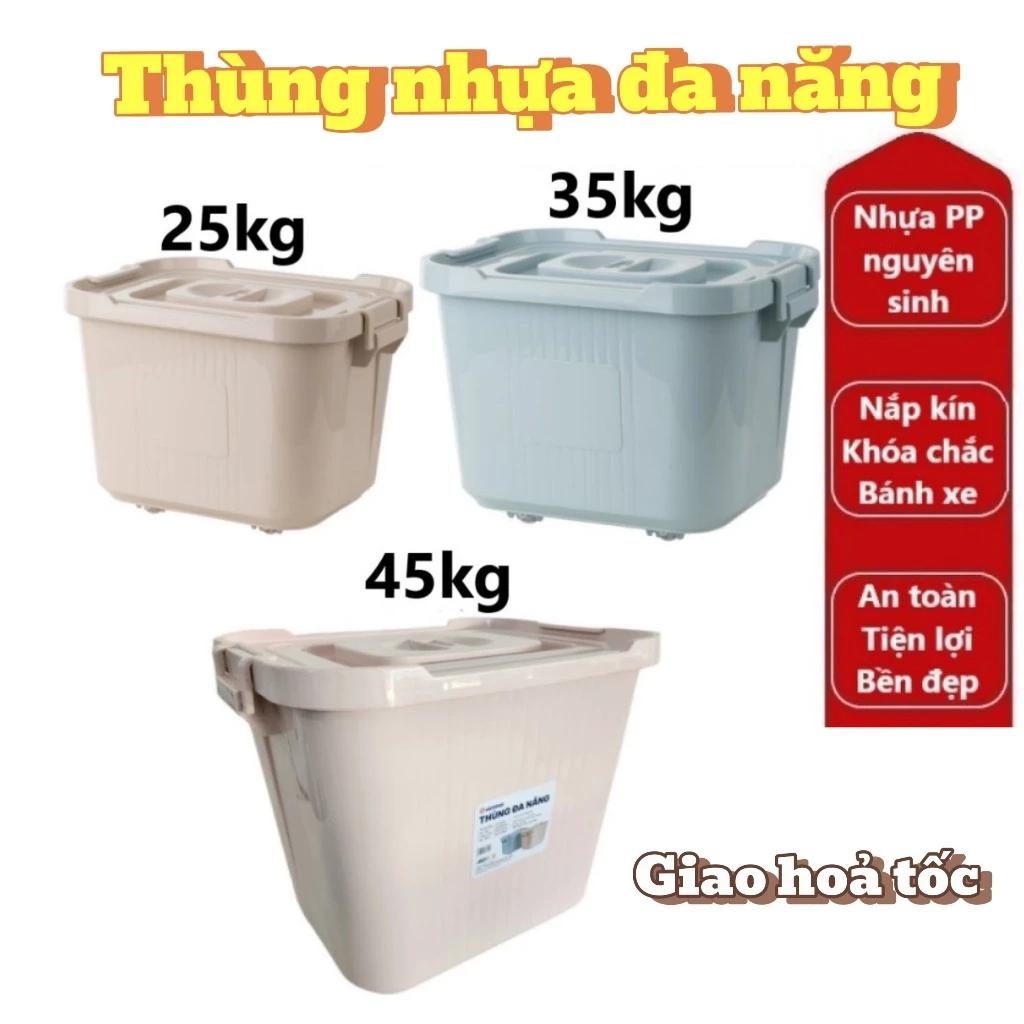 Thùng nhựa đa năng VIỆT NHẬT 25kg, 35kg, 45kg - Nắp kín, khóa gài, bánh xe - Đựng gạo, đồ chơi bé