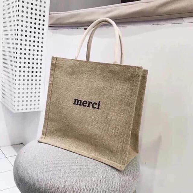 Túi Cói MERCI Đi Biển Có Cúc Bấm. Túi Cói Đi Du Lịch Có Đệm Đáy Giữ Form Phong Cách Hàn Quốc