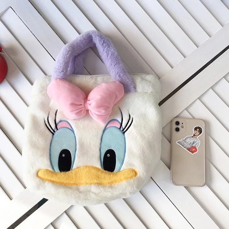 Túi đeo chéo mềm mại, màu trắng, hình con vịt Donald, dây xích, phong cách thời trang dễ thương cho nữ