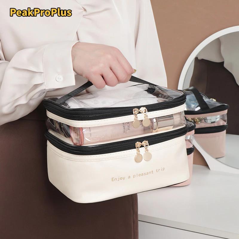Túi đựng mỹ phẩm PVC hai lớp, lưu trữ phân vùng dung tích lớn, thiết yếu du lịch di động