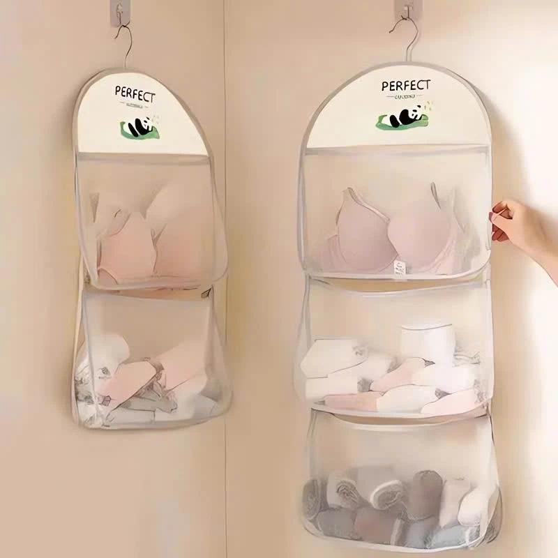 Túi Lưới Đựng Đồ Lót Tất Vớ Treo Tường 2 ngăn Panda - Giỏ Treo Đồ Cá Nhân Có Quai Xách