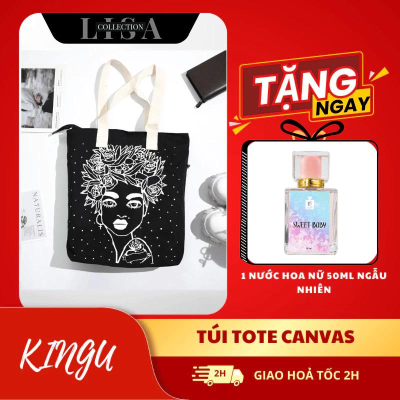 Túi vải TOTE CANVAS Tặng Nước Hoa 30ML, 50ML có khóa kéo thời trang nam nữ có hình