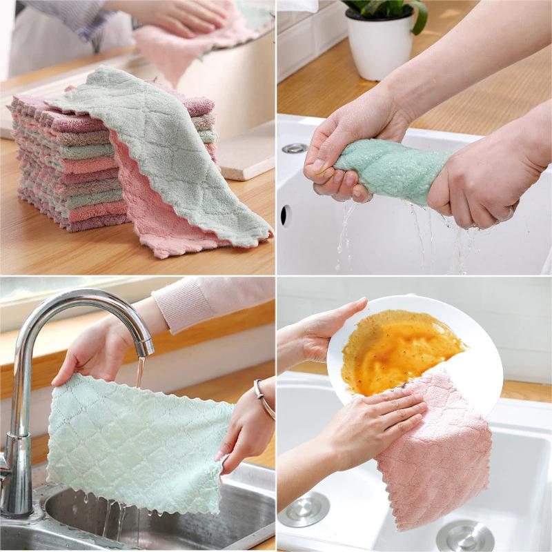 Vải làm sạch đầy màu sắc Vải tẩy rửa lông cừu san hô Khăn lau nhà bếp gia đình