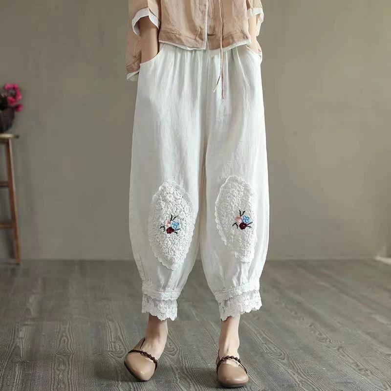 Vải Lanh Cotton Bloomers Thêu Và Ren Quần Đơn Giản Phù Hợp Với Tất Cả Trận Đấu Rời Kích Thước Lớn Co Giãn Eo Hậu Cung Quần Nữ Chiều Dài Đến Mắt Cá Chân