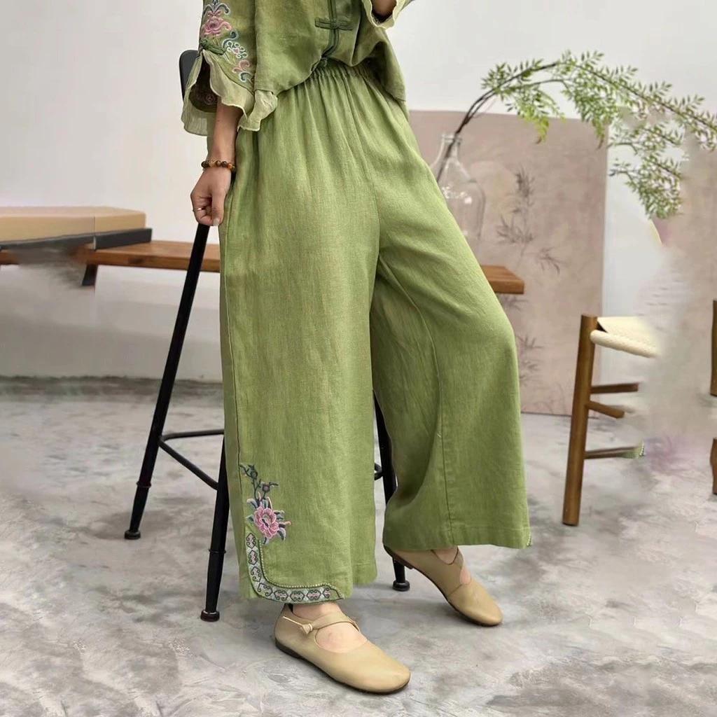 Vải Lanh Cotton Mùa Hè Mỏng Quần Nữ Đến Mắt Cá Chân Quần Ống Rộng Nữ Đơn Giản Phù Hợp Với Thêu Văn Học Retro Thêu Eth