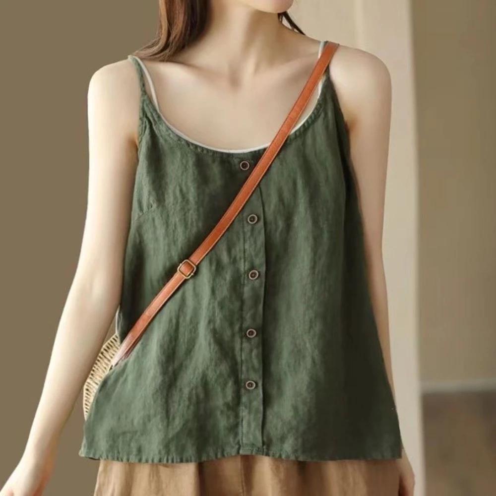 Vải Lanh Cotton Mùa Hè Phong Cách Mới Đơn Giản Phù Hợp Với Văn Học Retro Top Nút Trang Trí Mỏng Rời Bên Trong Đế Nữ