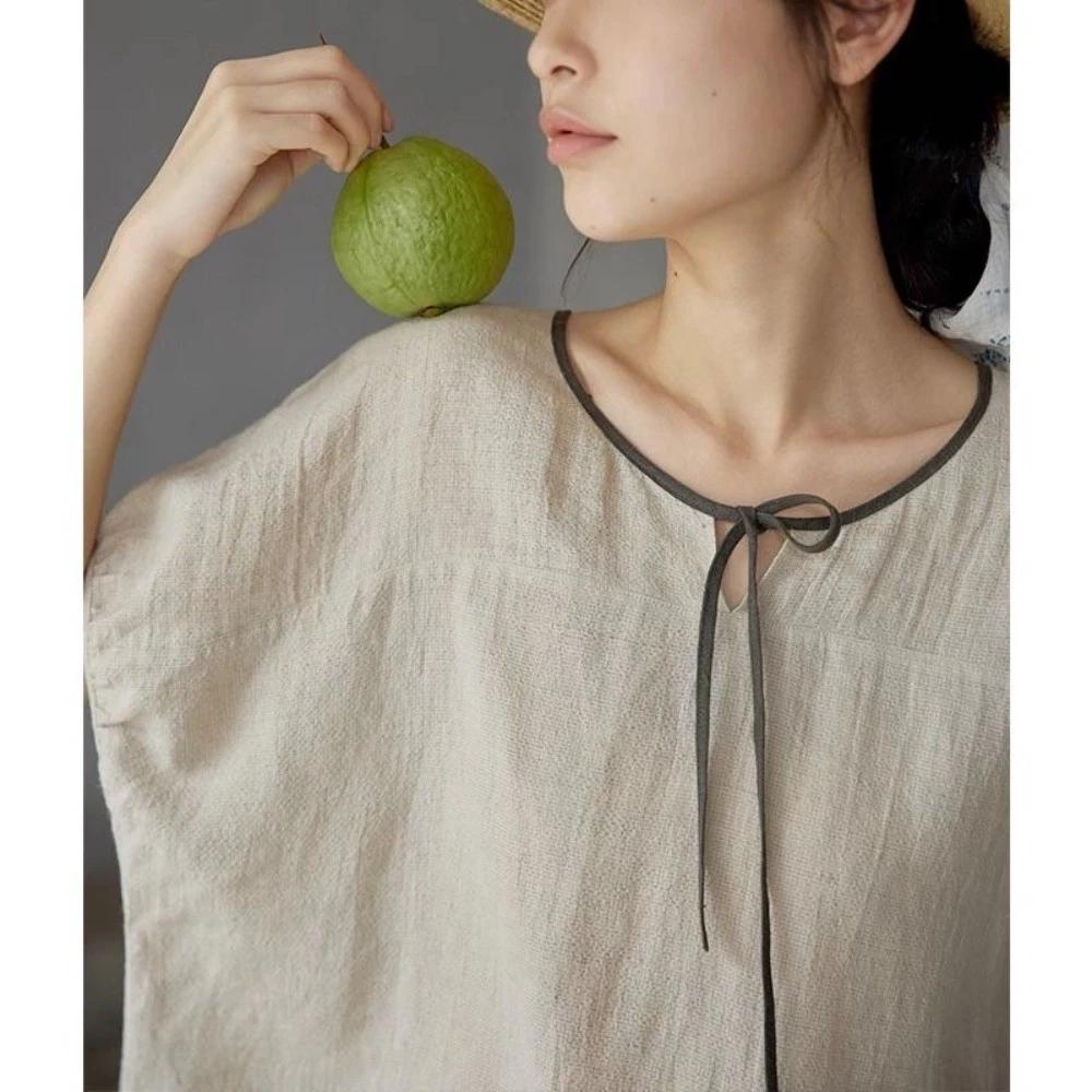 Vải Lanh Cotton Mùa Hè Phong Cách Mới Màu Sắc Tương Phản Văn Học Retro Tay Ngắn Top Nữ Đơn Giản Phù Hợp Với Màu Trơn Rời Tất Cả-Ma