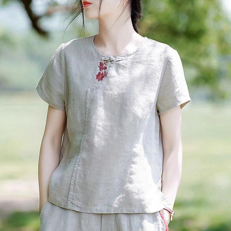 Vải Lanh Cotton Phong Cách Trung Hoa Áo Thun Phong Cách Trung Hoa Retro Nữ Mùa Hè Đơn Giản Phù Hợp Với Phong Cách Mới Rời Thường Ngày Top Ngắn Tay Áo Sơ Mi Nhỏ Quần Áo Nữ