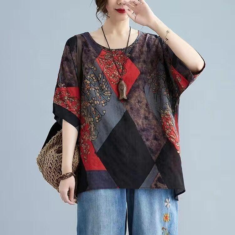 Vải Lanh Cotton Plus Size Quần Áo Nữ Đơn Giản Phù Hợp Với Mùa Hè Văn Học Retro Cổ Tròn In Hình Áo Sơ Mi Thời Trang Tay Dơi Áo Sơ Mi Ngắn Rời Top Quần Áo Nữ