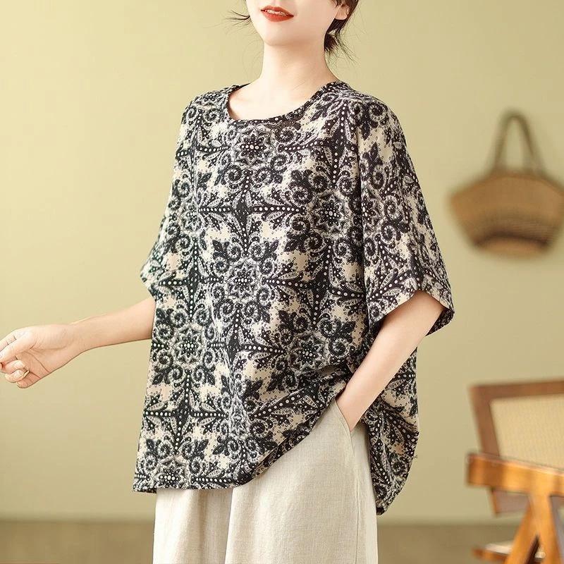 Vải Lanh Cotton Plus Size Quần Áo Nữ Mùa Hè Phong Cách Mới Phong Cách Retro Đơn Giản Phù Hợp Với Độ Tuổi Giảm Áo Sơ Mi In Hình Lỏng Lẻo Ôm Hơn Nhìn Thời Trang