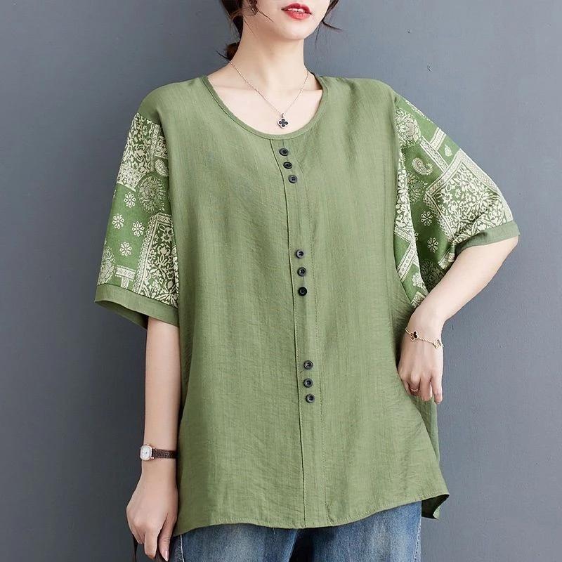 Vải Lanh Cotton Plus Size Quần Áo Nữ Mùa Hè Retro In Văn Học Đơn Giản Phù Hợp Với Khâu Bụng Ẩn Thịt Một-Bện Đa @