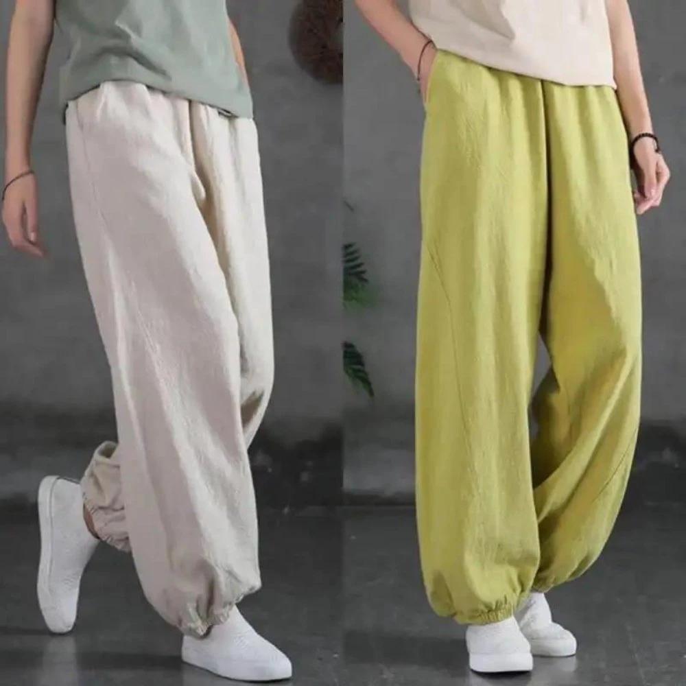 Vải Lanh Cotton Retro Bloomers Nữ Đơn Giản Phù Hợp Với Mùa Xuân Mùa Hè Phong Cách Mới Quần Rời Co Giãn Eo Màu Trơn Phù Hợp Với Quần Thường Ngày