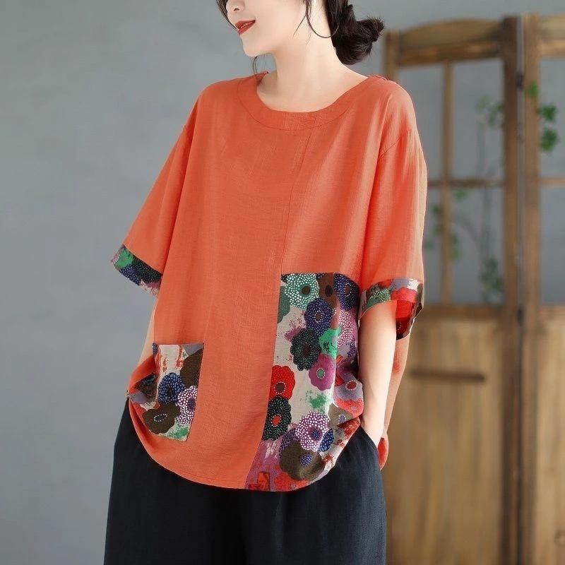 Vải Lanh Cotton Size Lớn Tay Ngắn Phong Cách Mới In Áo Sơ Mi Đơn Giản Phù Hợp Với Mỏng Phong Cách Ôm Hơn Nhìn Phù Hợp Với Phong Cách Dân Tộc Rời