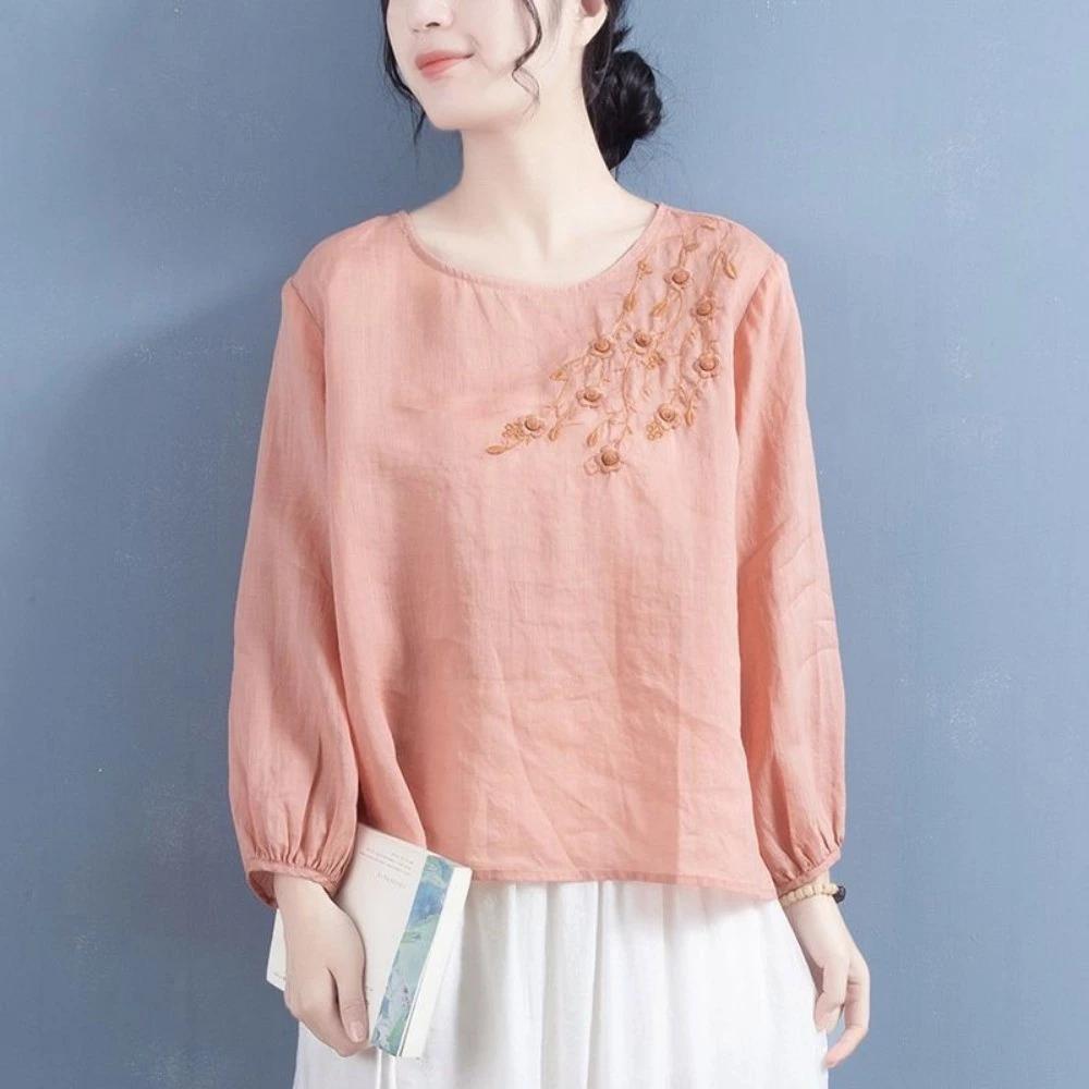 Vải Lanh Cotton Thêu Cổ Tròn Dài Tay Áo Thun Nữ Đi Lại Retro Nghệ Thuật Rời Màu Trơn Chui Đầu Thêu