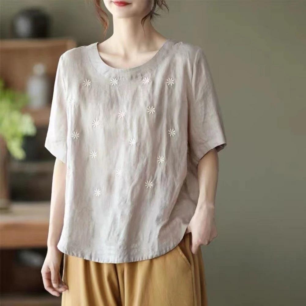 Văn Học Retro Hoa Thêu Vải Lanh Cotton Cổ Tròn Ngắn Tay Áo Thun Nữ Đơn Giản Phù Hợp Với Mùa Hè Phong Cách Mới Kích Thước Lớn Rời Phù Hợp Với Nữ