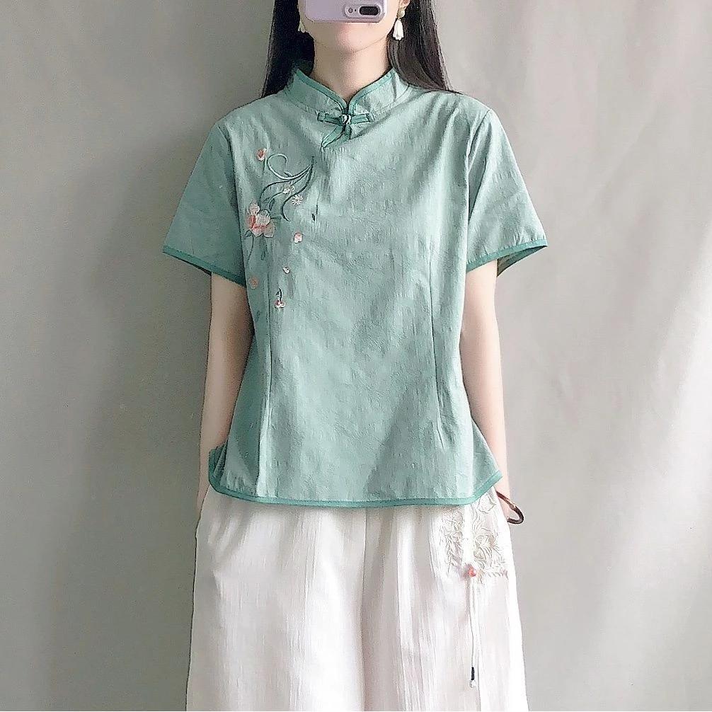 Văn Học Retro Jacquard Cotton Vải Lanh Áo Sơ Mi Phong Cách Trung Hoa Zen Đứng Cổ Nút Ngắn Đơn Giản Phù Hợp Với Hàng Đầu Mùa Hè Tay Ngắn Trà Đầm Nữ Quần Áo Nữ