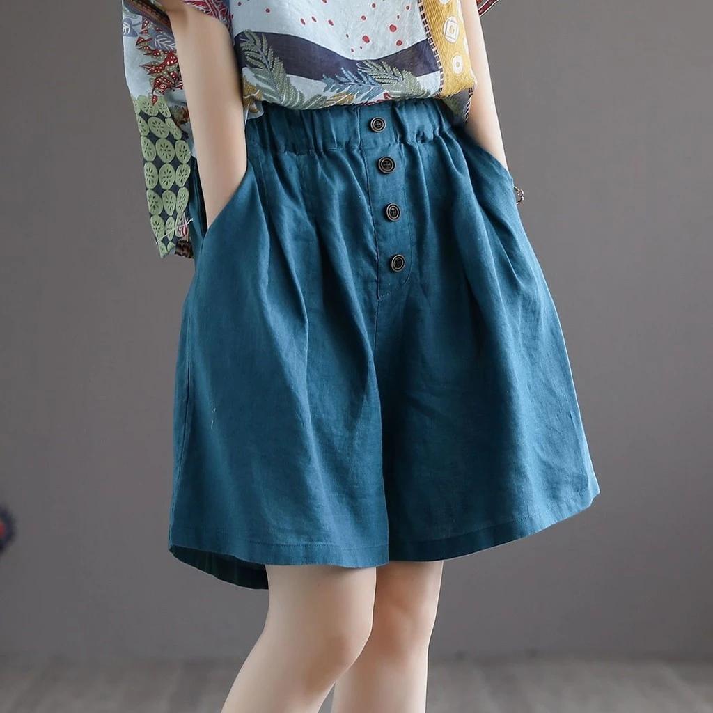 Văn Học Retro Nguyên Chất Quần Short Cotton Nữ Mùa Hè Mỏng Rời Kích Thước Lớn Đơn Giản Phù Hợp Với Nút Vải Lanh Cotton Quần Ống Rộng Thường Ngày Năm Điểm Quần Hợp Thời Trang