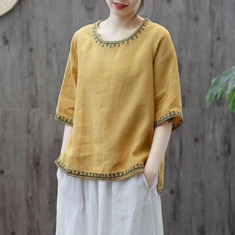 Văn Học Retro Vải Lanh Cotton Màu Trơn Thêu Cổ Tròn Nửa Tay Mùa Hè Phong Cách Mới Kích Thước Lớn Đơn Giản Tất Cả @ -