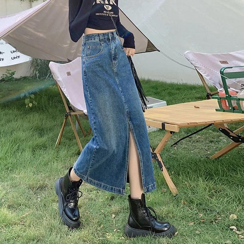 Váy Denim xẻ cổ điển, quấn hông chữ A lưng cao, Váy dáng ôm hơn