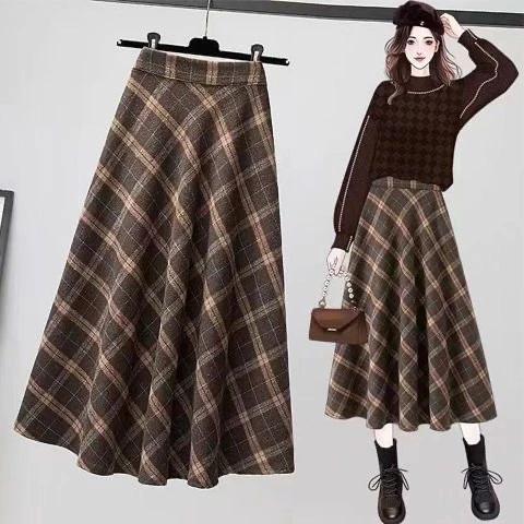 Váy midi kẻ sọc mùa xuân và mùa thu cho phụ nữ, váy A-line cỡ lớn mới, váy dài cao cấp thon gọn, thời trang