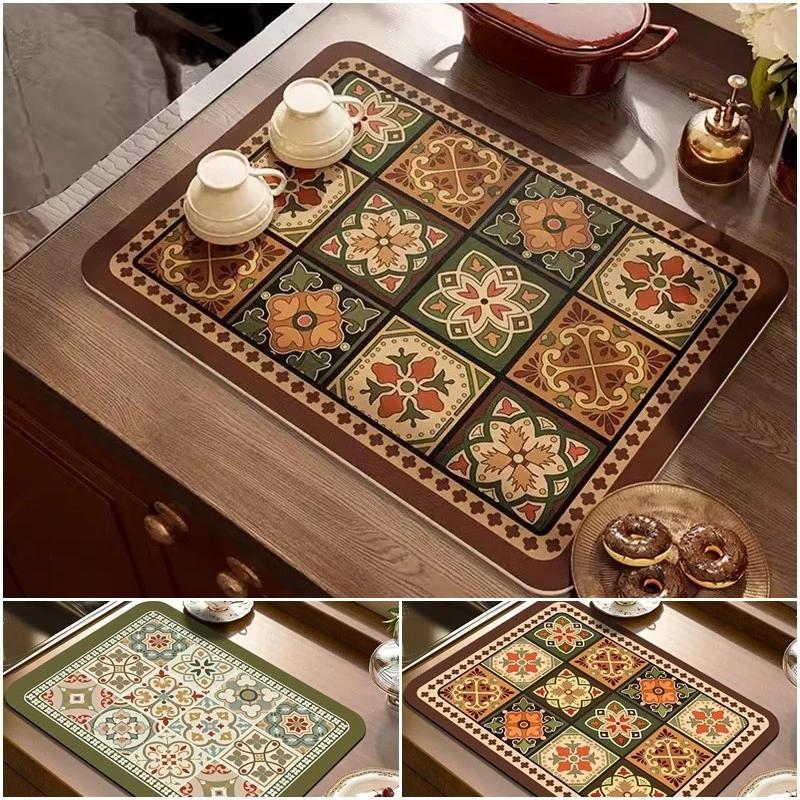 Vintage Bếp Thoát Nước Thảm Nhà Bếp Mặt Bàn Thấm Hút Miếng Lót Nhanh Sấy Cà Phê Miếng Lót Chống Trượt Placemat Trang Trí Nhà