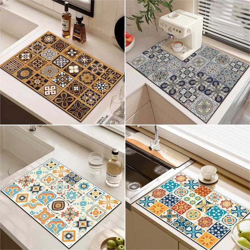 Vintage Hoa Ngói Miếng Lót Nhà Bếp Giả Nhung Thoát Thảm Hộ Gia Đình Chống Trơn Trượt Bộ Đồ Ăn Thảm