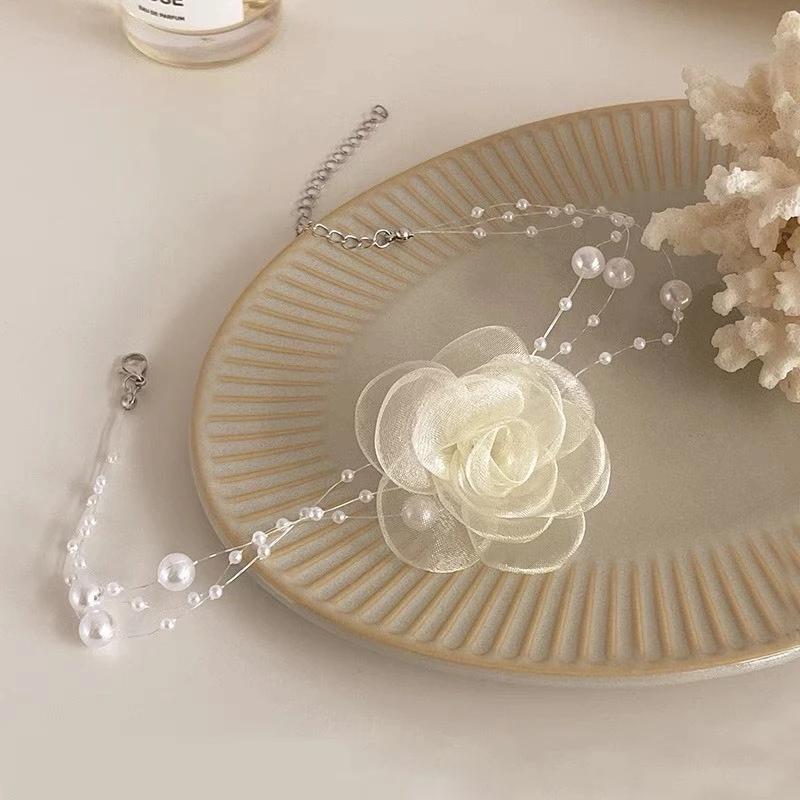 Vòng Cổ Choker Đính Hoa Trà Và Ngọc Trai Trắng Thanh Lịch,Dịu Dàng Dành Cho Nữ