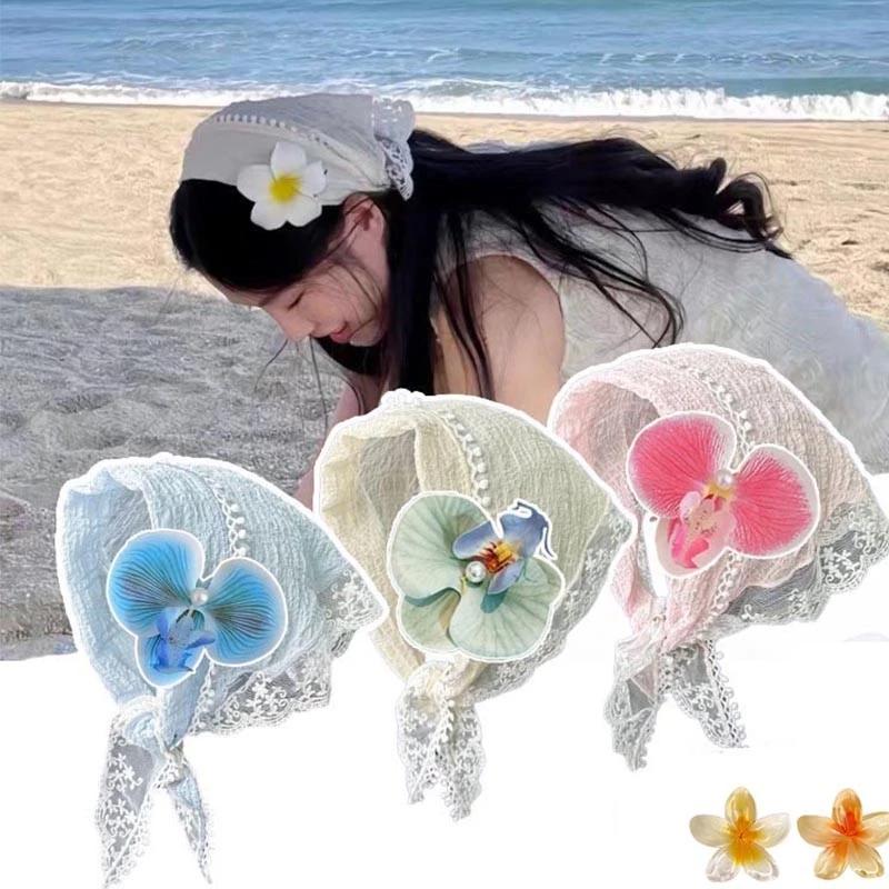 [XN] Lãng Mạn Ren Đầu Bé Gái Thời Trang Tam Giác Khăn Sáng Tạo Đi Biển Hairhands Ngọt Ngào Phụ Kiện Du Lịch